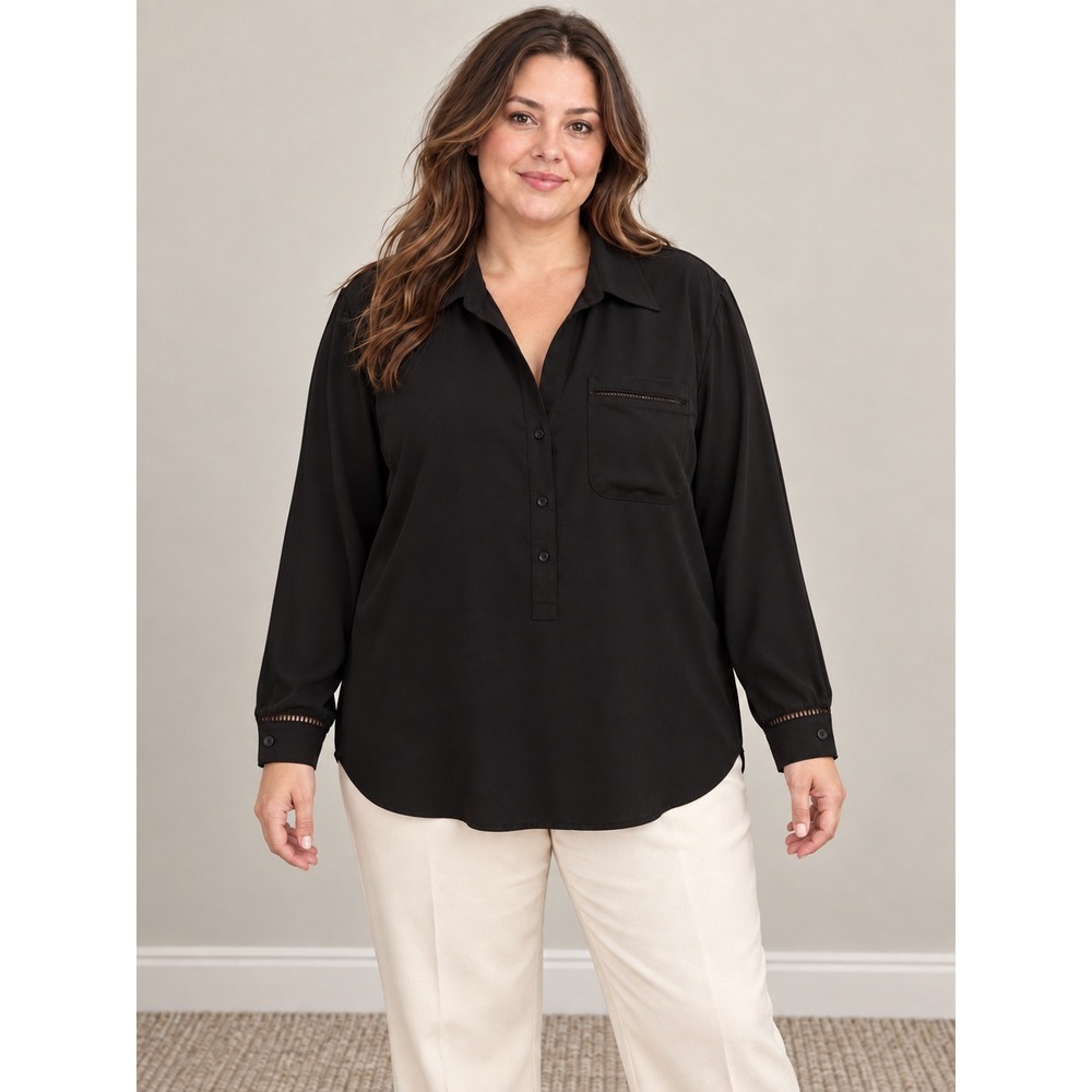 41 Hawthorn XXL Black Ladder Trim Button Blouse Minimalist Capsule